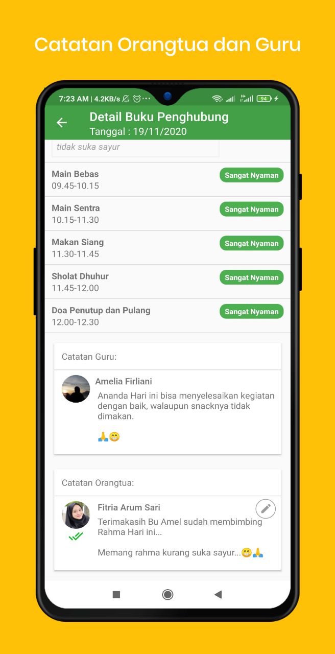 Gambar catatan orang tua dan guru di Aplikasi Android Adzkia Mobile Banjarnegara