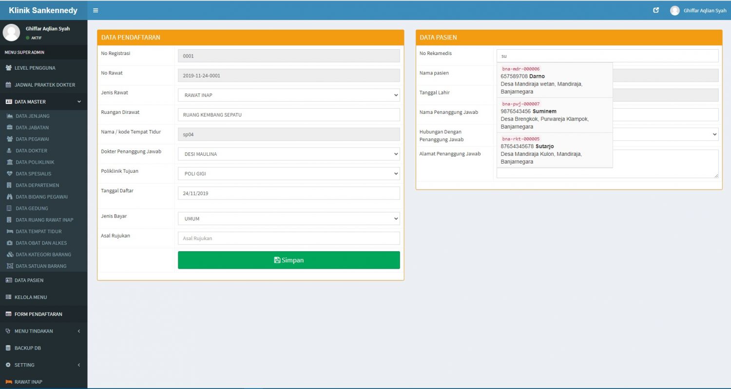 tampilan form pendaftaran Pasien