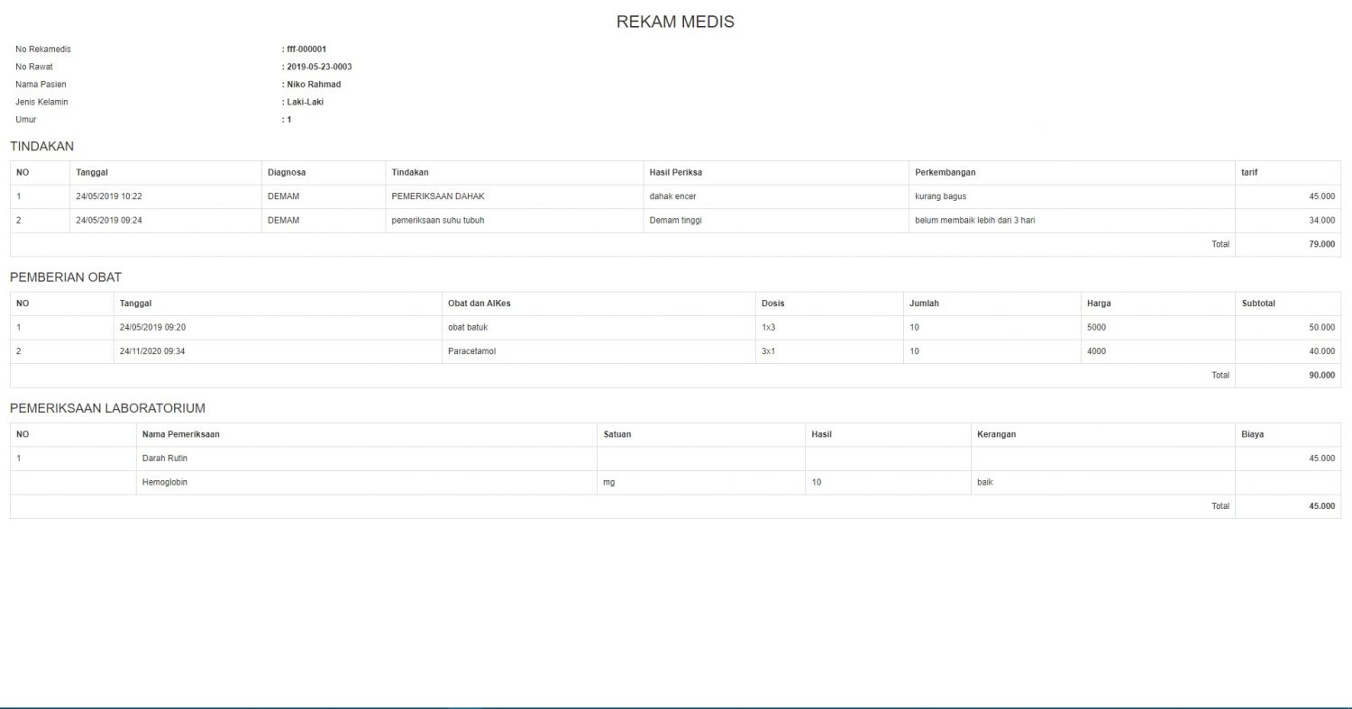 tampilan print data rekam medis